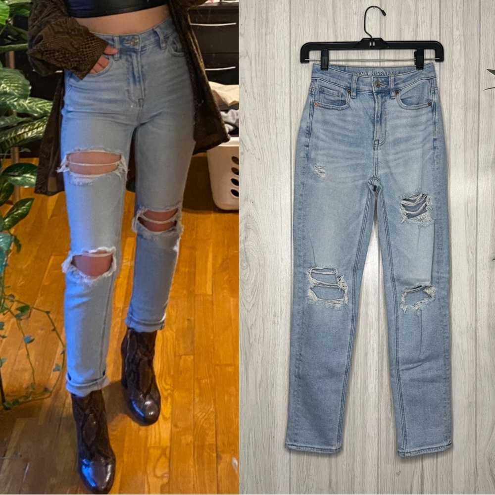 American Eagle Stretch High Rise Ripped Mom Straight Jean Blue Powder size 000